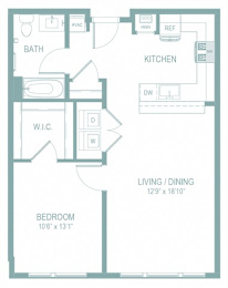 A floor plan of a small apartment with a living room, kitchen, bedroom, and bathroom.