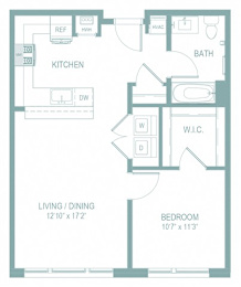A floor plan of a home with a living/dining area, kitchen, bathroom, and bedroom.