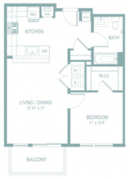 A floor plan of a small apartment with a living/dining area, kitchen, bedroom, bathroom, and balcony.