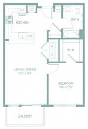 A floor plan of a small apartment with a kitchen, living room, dining room, bedroom, and bathroom.
