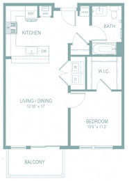 A floor plan of a small apartment with a kitchen, living room, dining room, bathroom, bedroom, and balcony.