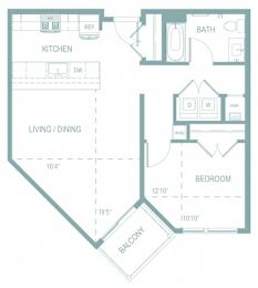 A floor plan of a small apartment with a living room, kitchen, and bedroom.