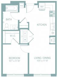 A floor plan of a small apartment with a bedroom, living/dining area, kitchen, and bathroom.