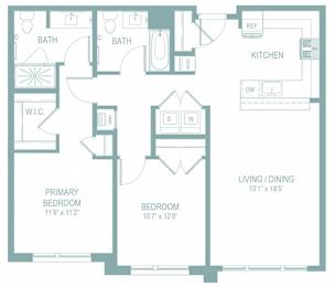 A floor plan of a home with a living room, two bedrooms, a kitchen, and a bathroom.