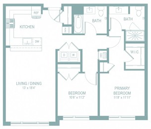 A floor plan of a home with a living/dining area, kitchen, two bathrooms, and two bedrooms.