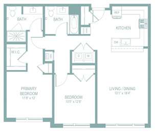 A floor plan of a home with a living room, dining room, kitchen, and two bedrooms.