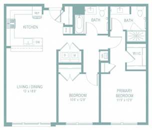 A floor plan of a home with a living/dining area, kitchen, two bathrooms, and two bedrooms.