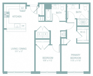 A floor plan of a home with a living room, dining room, kitchen, two bathrooms, a workshop, and two bedrooms.