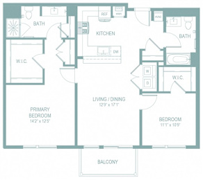 A floor plan of a house with a living room, dining room, kitchen, two bedrooms, a bathroom, a balcony, and a W.I.C.