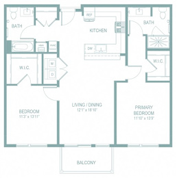 A floor plan of a house with a living room, two bedrooms, a kitchen, two bathrooms, a balcony, and a laundry room.