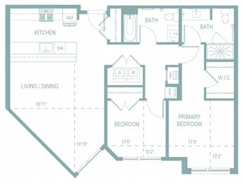 A floor plan of a home with a living room, dining room, kitchen, and two bedrooms.