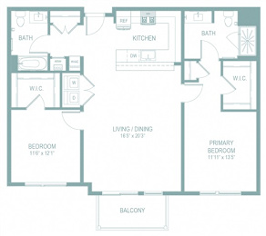 A floor plan of a house with a living room, dining room, two bedrooms, a kitchen, a bathroom, a balcony, and a workshop.