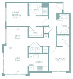 A floor plan of a house with a living room, dining room, kitchen, two bedrooms, and two bathrooms.
