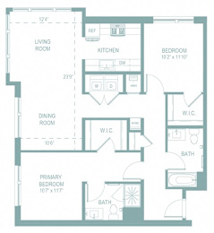 A floor plan of a house with a living room, kitchen, dining room, and three bedrooms.