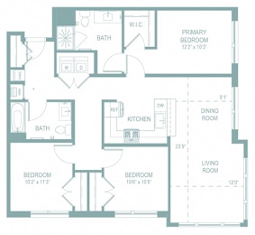 A floor plan of a house with a primary bedroom, two bathrooms, a kitchen, a dining room, and two living rooms.