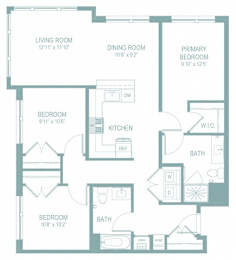A floor plan of a house with a living room, dining room, kitchen, and three bedrooms.