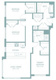 A floor plan of a house with a living/dining area, kitchen, and three bedrooms.