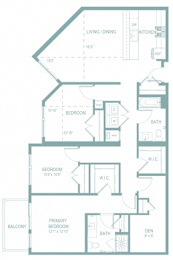 A floor plan of a house with a living room, two bedrooms, a bathroom, a den, a kitchen, and a balcony.