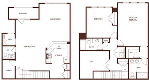 A floor plan of a two bedroom apartment with a living room, dining room, kitchen and storage.