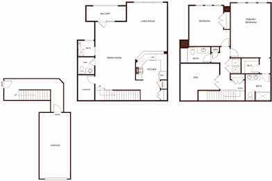 A floor plan of a house with a garage, living room, dining room, kitchen, and two bedrooms.
