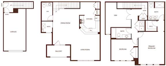 A set of three floor plans for a house with a garage, living room, and kitchen.