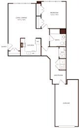 A floor plan of a house with a garage, mud room, and a kitchen with a refrigerator, stove, and oven.