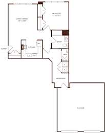 A floor plan of a house with a garage, kitchen, living room, dining room, bathroom, and mudroom.