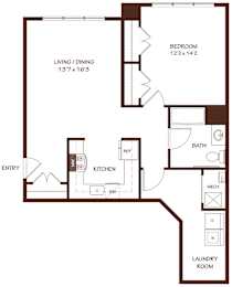 A floor plan of a small apartment with a bedroom, living/dining area, kitchen, bathroom, and laundry room.
