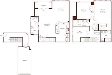 A floor plan of a house with a garage, living room, dining room, kitchen, and two bedrooms.