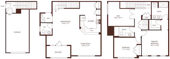 Three floor plans for a house with a garage, living room, and kitchen.