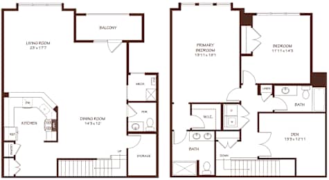 A floor plan of a two-story house with a balcony and a den.