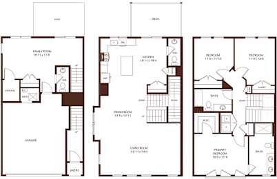 A set of three house floor plans showing different room layouts.