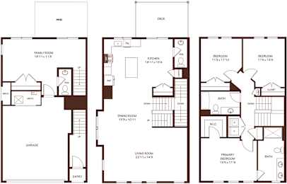 A floor plan of a house with a garage, living room, dining room, kitchen, and bathrooms.