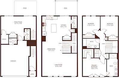A set of three house floor plans showing a patio, deck, and living room.
