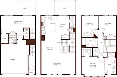 A floor plan of a house with a garage, family room, kitchen, dining room, and two bedrooms.