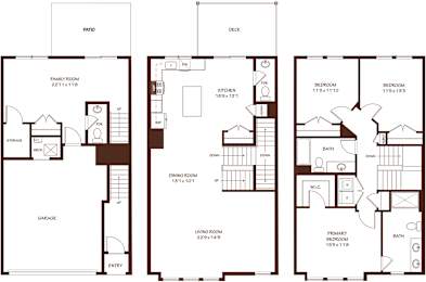 A floor plan of a house with a garage, family room, kitchen, dining room, living room, and two bedrooms.