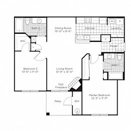 A floor plan of a house with a dining room, kitchen, laundry, and four bedrooms.