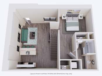 A layout of a room with furniture and a note that finishes and dimensions may vary.