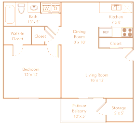 A floor plan of a house with a living room, dining room, kitchen, bedroom, bathroom, and storage space.