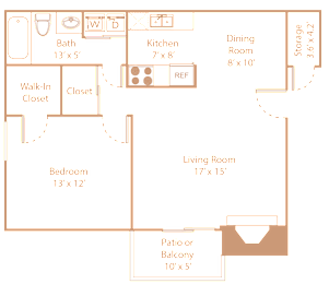 A floor plan of a house with a living room, dining room, kitchen, bathroom, bedroom, and walk-in closet.