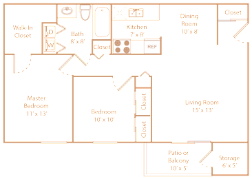 A floor plan of a house with a living room, two bedrooms, a kitchen, a dining room, and a storage area.