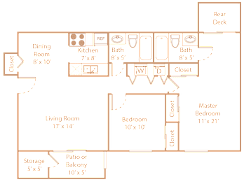 A floor plan of a house with a living room, dining room, kitchen, two bathrooms, two closets, a master bedroom, and a storage area.