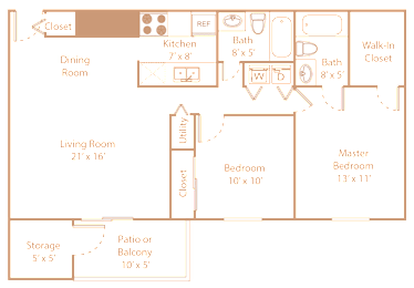 A floor plan of a house with a living room, two bedrooms, a kitchen, a bathroom, a walk-in closet, a storage area, and a patio or balcony.