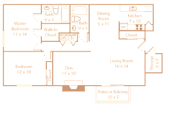 A floor plan of a house with a master bedroom, two additional bedrooms, a living room, a dining room, a kitchen, a walk-in closet, and a patio or balcony.