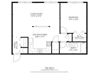 A floor plan of a small apartment with a living room, bedroom, eat-in kitchen, and bathroom.