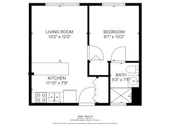 A floor plan for a small apartment with a living room, bedroom, kitchen, and bathroom.