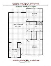 A floor plan for a 1 bedroom plus den apartment at John Jergens Estates.