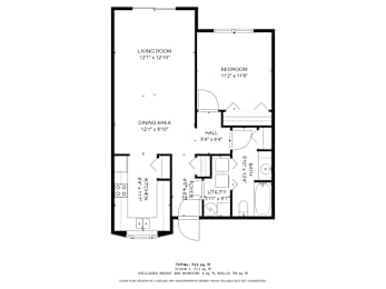 A black and white image of a floor plan for a one bedroom apartment.