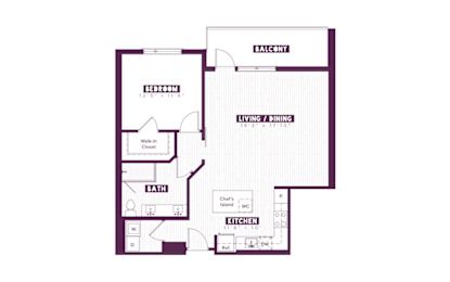 Floor Plan  A floor plan of a house with a balcony, bedroom, bathroom, living/dining area, and kitchen.