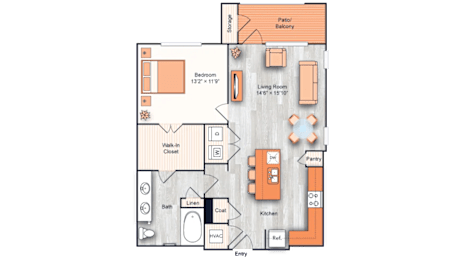 Floor Plan  A floor plan of a house with a living room, kitchen, and two bedrooms.